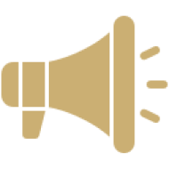 A golden megaphone icon emitting sound waves.