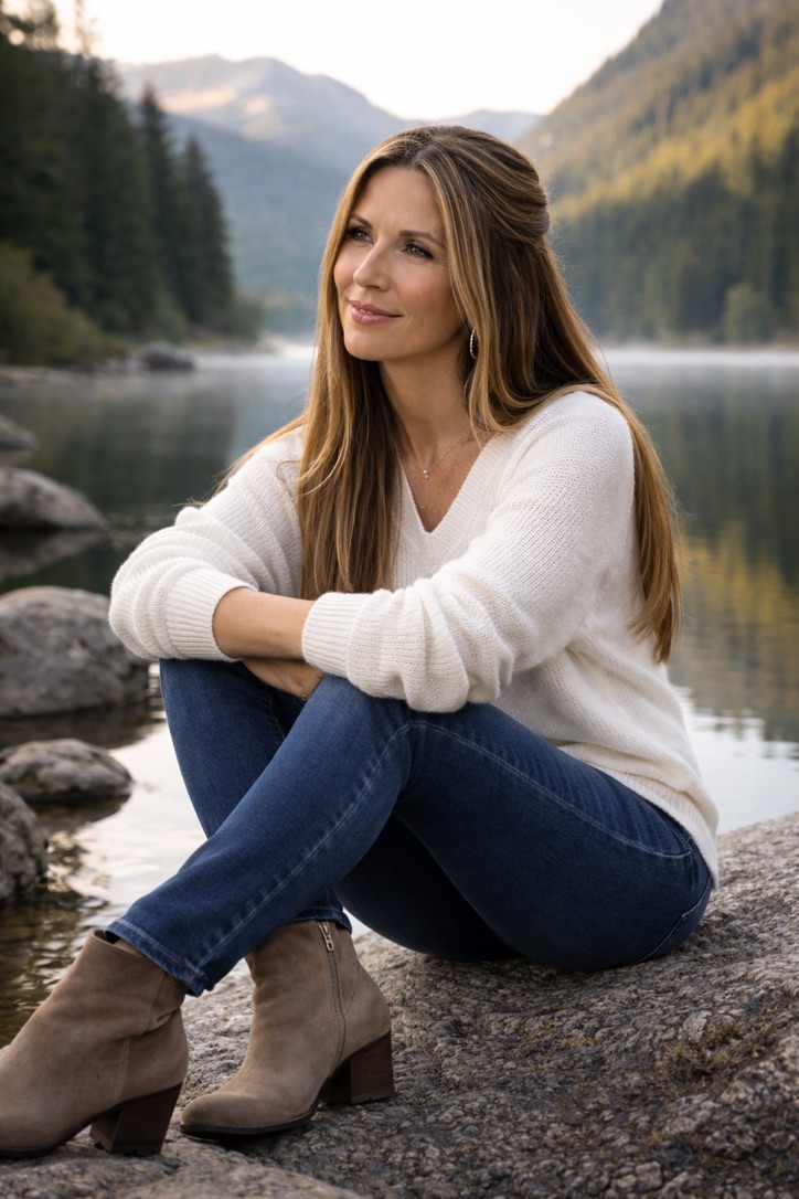 A woman sitting on a rock by a lake, dressed casually in a white sweater and jeans.