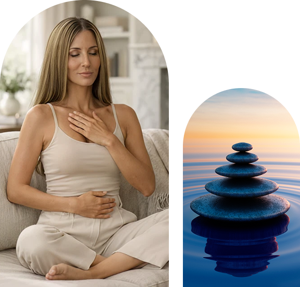 A woman meditates peacefully in a serene setting.