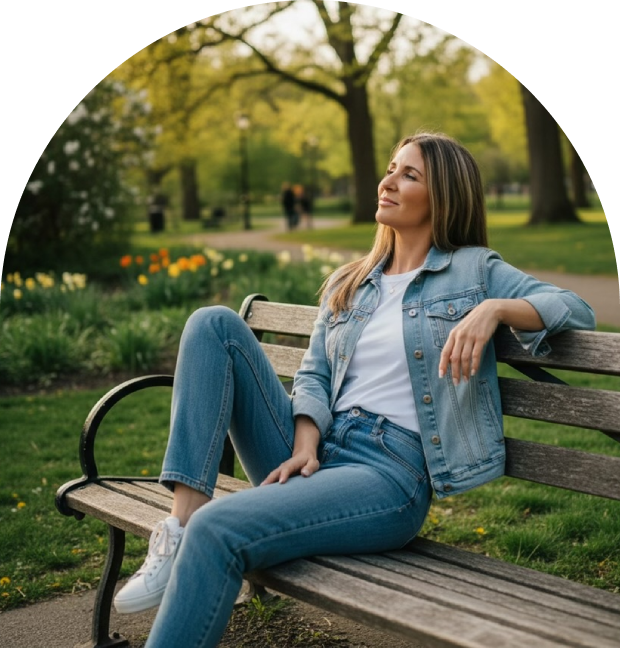 Woman relaxing on a park bench on a sunny day.