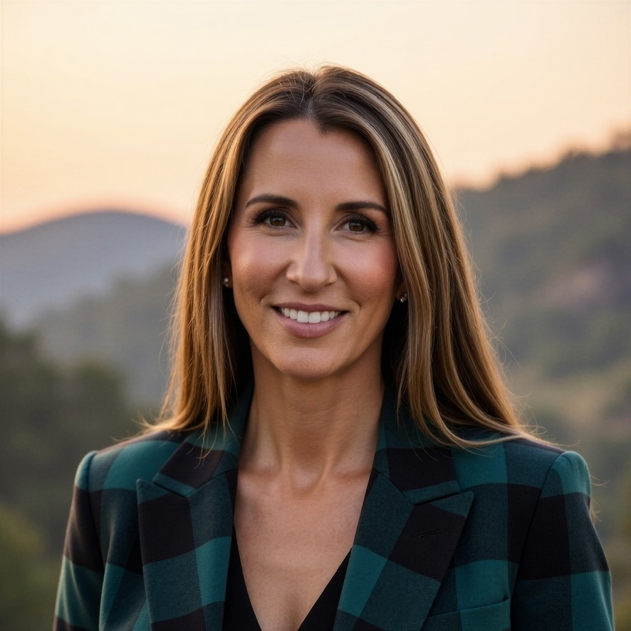 Smiling woman outdoors wearing green plaid blazer
