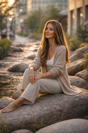 Woman relaxing on rocks by stream at sunset