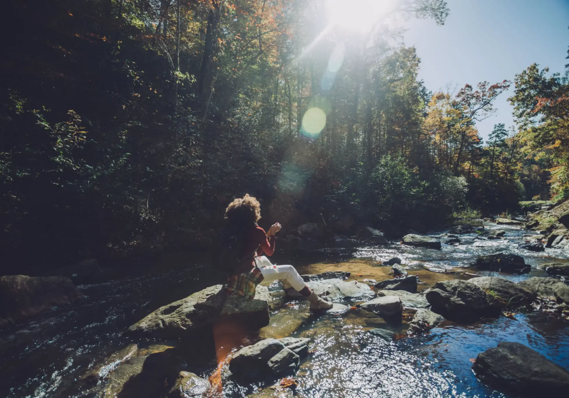 Person sitting on rocks by sunlit forest stream